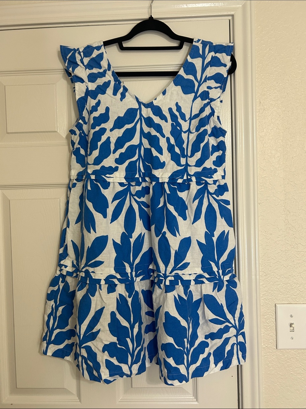Rachel Zoe Blue and White Leaf-Print Linen Blend Sleeveless Tiered Dress